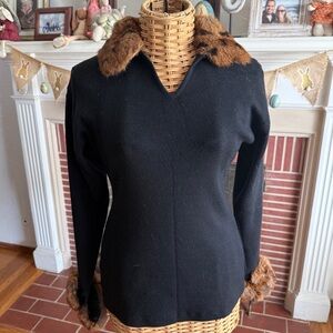 Vintage Kenar chic black wool sweater with rabbit fur collar cuffs Small